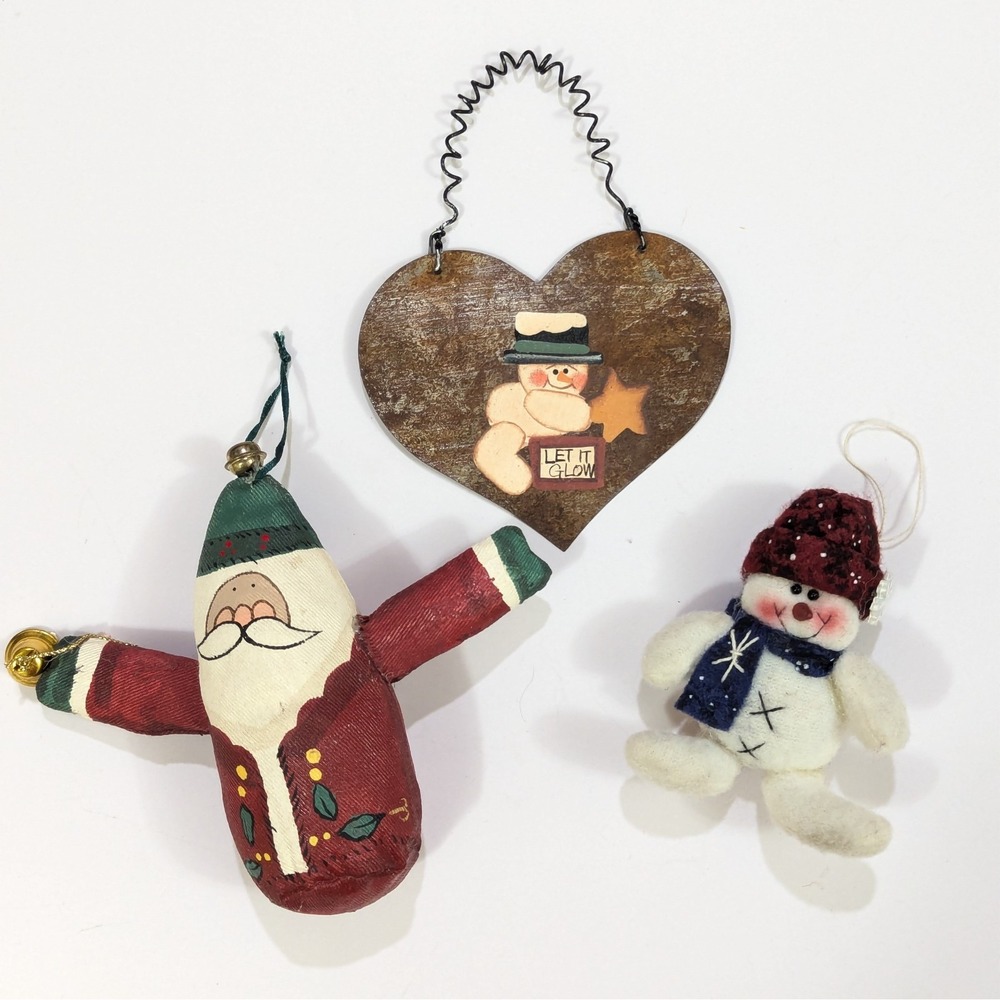 Vintage Folk Art Hand Painted Primitive Rustic Santa Snowman Heart Ornament Set